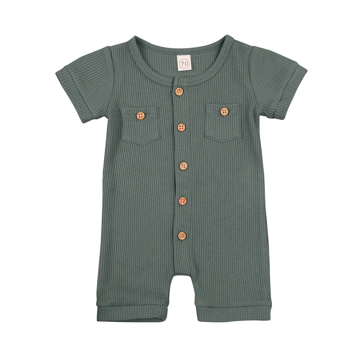 Solid Color Short Sleeve Round Neck Button Baby Playsuit